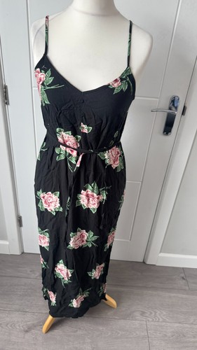 Miss Selfridge Floral Rose Print Maxi Dress Black Pink Strappy Boho UK 10 S B75