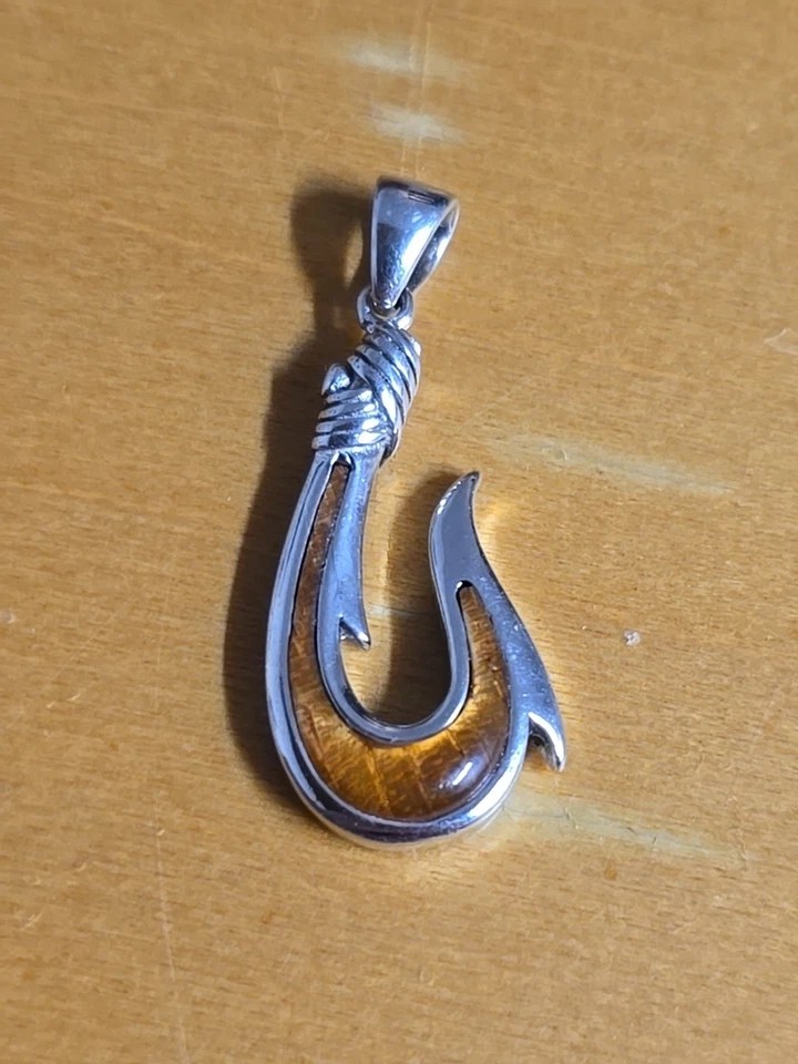 COLGANTE ANZUELO MADERA KOA HAWAIANO INCRUSTACIÓN GENUINA Plata de Ley 925 Foto 2 de 4