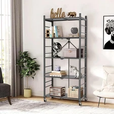 Himix Storage Shelves with 20 Hooks, 5-Tier Foldable for 5-Tier, Grey 