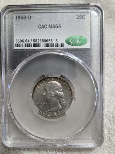 1958-D Washington Silver Quarter CAC GRADED MS64 Mint Set Coin Light Toning