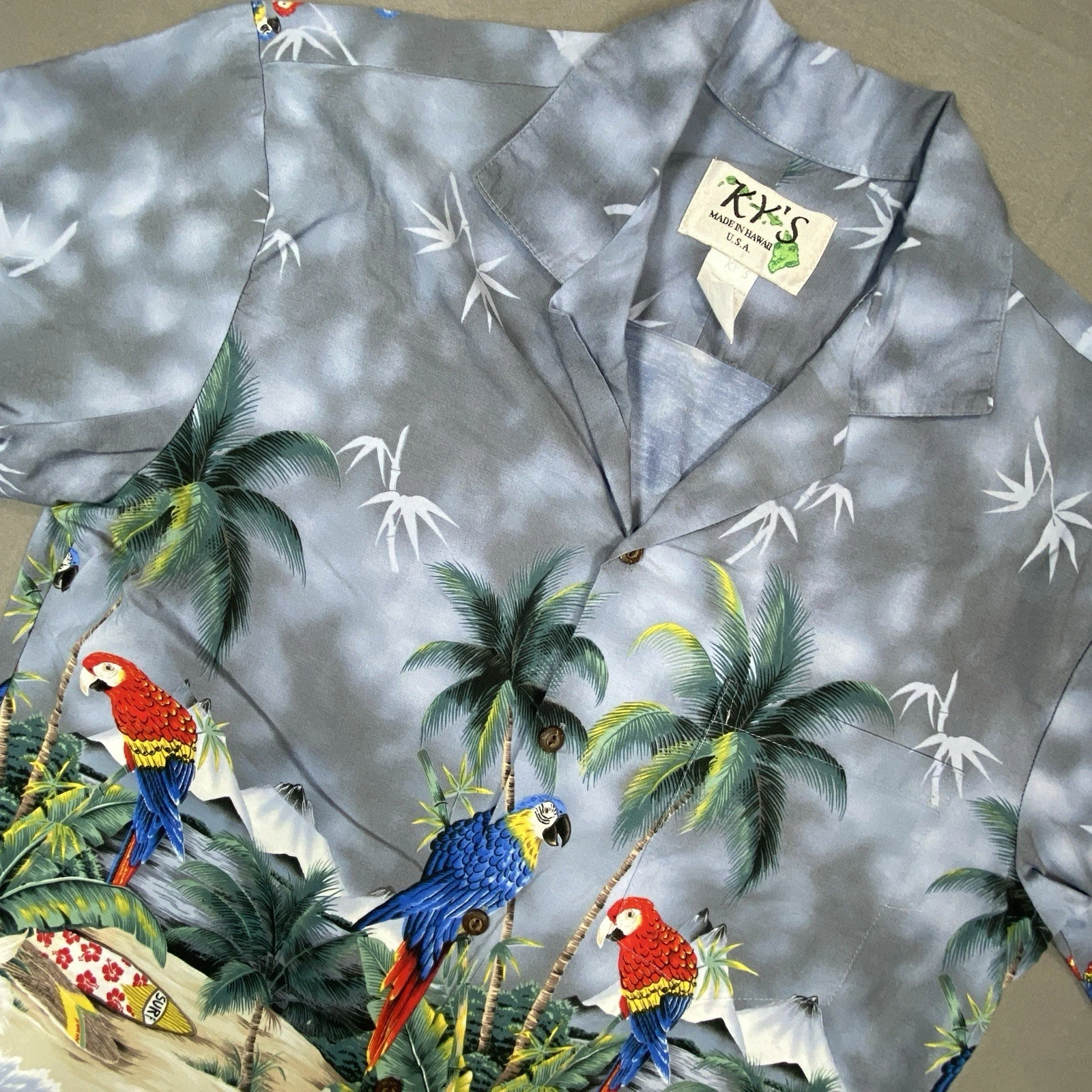 VTG Hawaiian Shirt Mens Sz M Blue Shirt Parrots Palms Made In Hawaii USA Retro