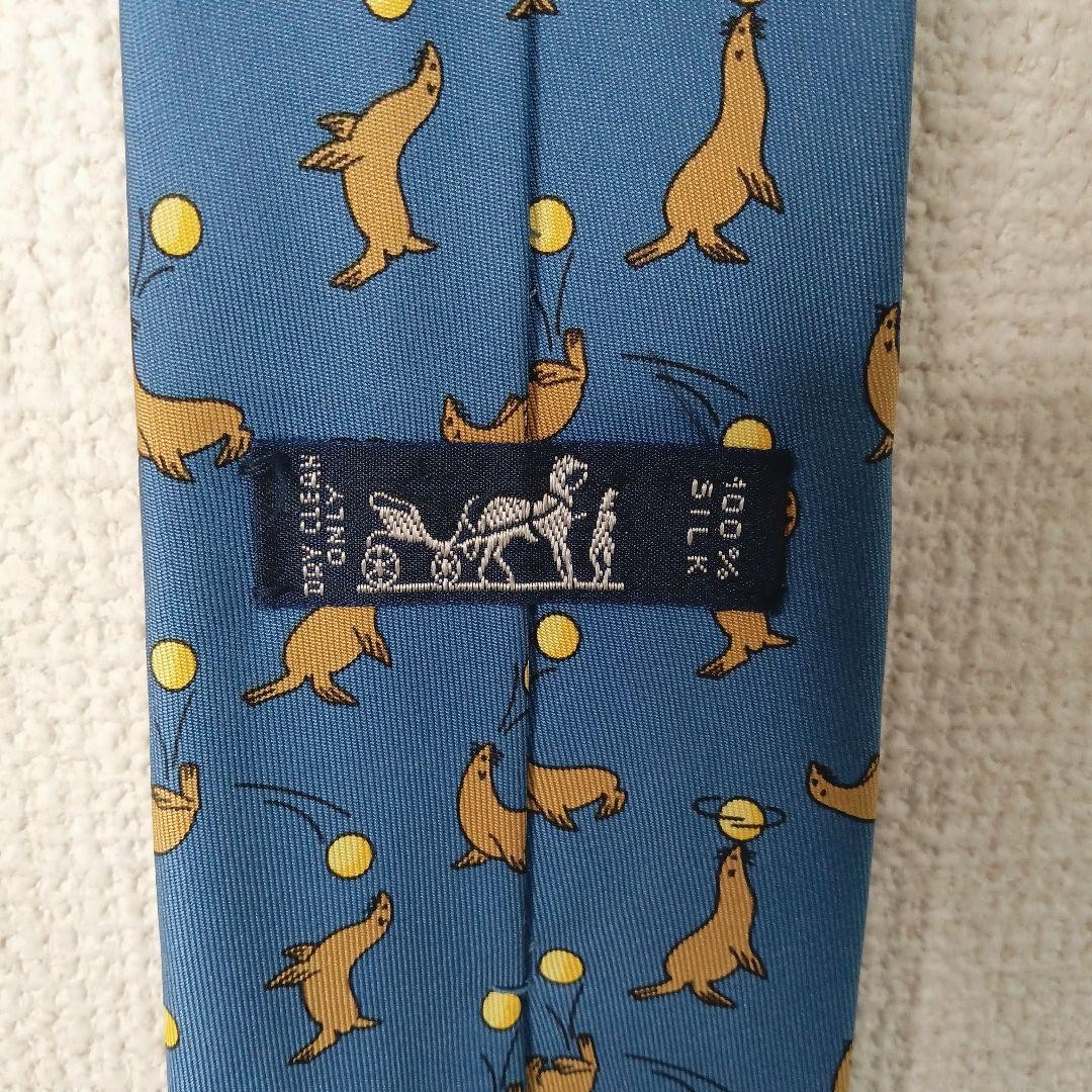HERMES Necktie Tie Blue sea lion pattern 100% Silk made in France