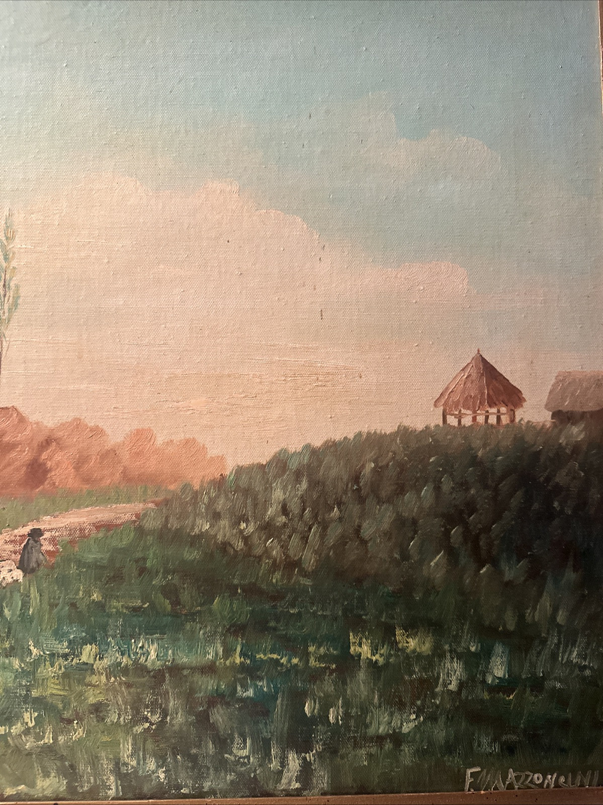 Italian “F . MAZZONCINI” LANDSCAPE  VILLAGE SCENE Oil on Wood Panel Signed
