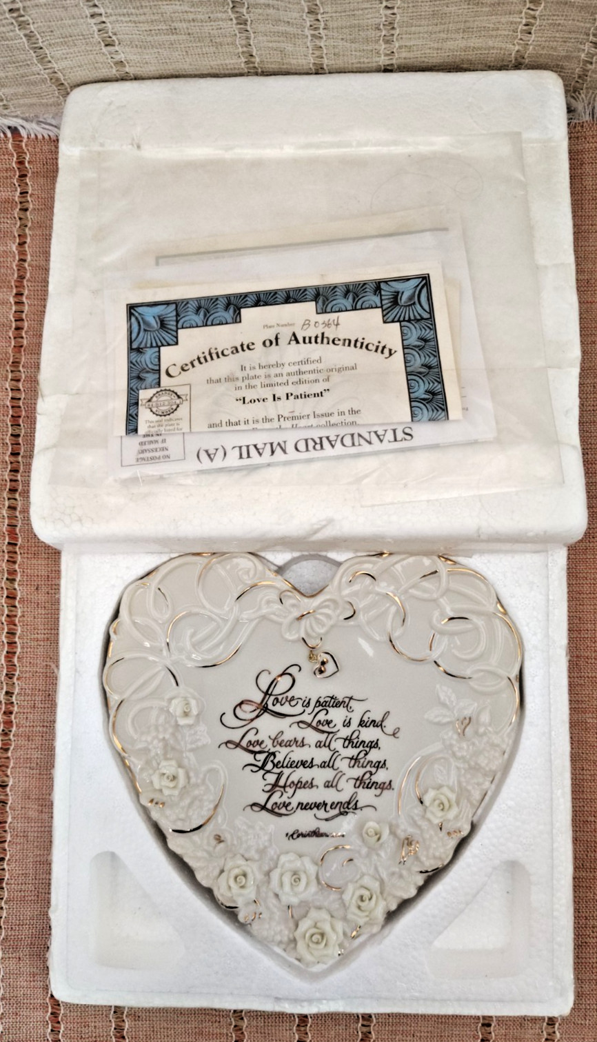 Bradford Exchange Decorative Heart Shape Plate "Love Is Patient" Corinthians COA