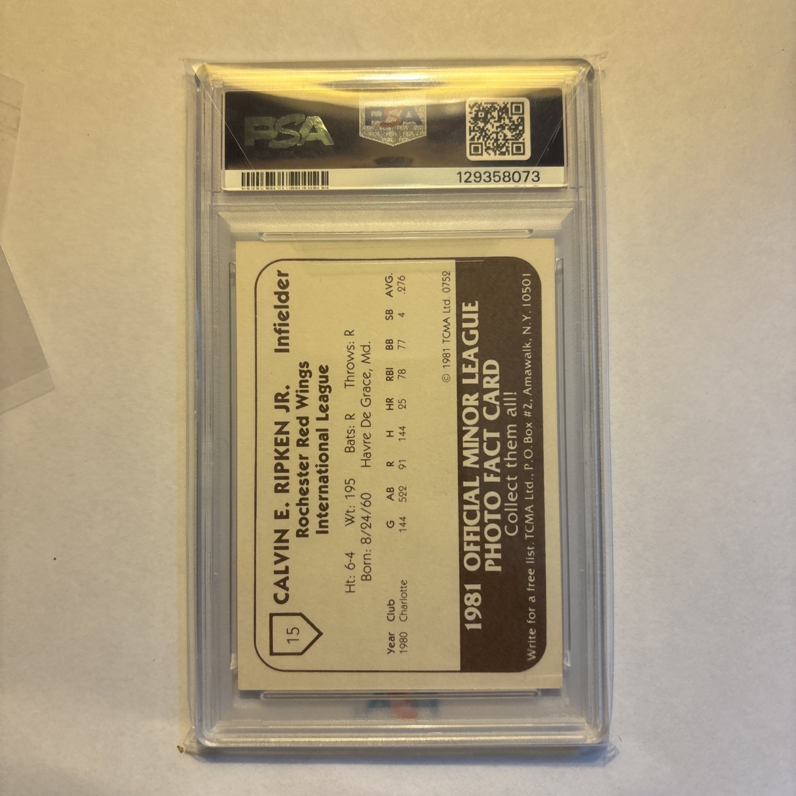1981 TCMA CAL RIPKEN JR. ROCHESTER RED WINGS RC PSA 5 view 2