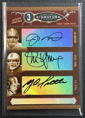 JOE MONTANA STEVE YOUNG Y.A. TITTLE 2006 NATIONAL TREASURES TRIPLE SIG AUTO 8/25