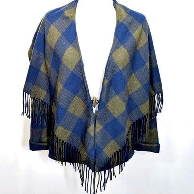 WORTH NY 100% Wool Plaid Wrap Cape Ruana Blue Green Tartan Fringe 