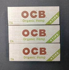 OCB Organic Hemp 1  1/4  Size 50 Leaves and tips 3 Pack Free Shipping
