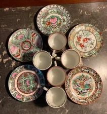 Chinese Famille Rose Medallion Set of 5 Demitasse Cups with Saucers Hand Painted