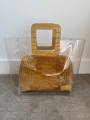 Staud Shirley PVC Clear Tote Bag with Tan Leather Clutch Croc Embossed