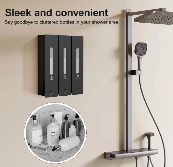 Dispensador de pared 3 compartimentos sin taladro 1200 мл para baño y ducha - Изображение 2 из 4