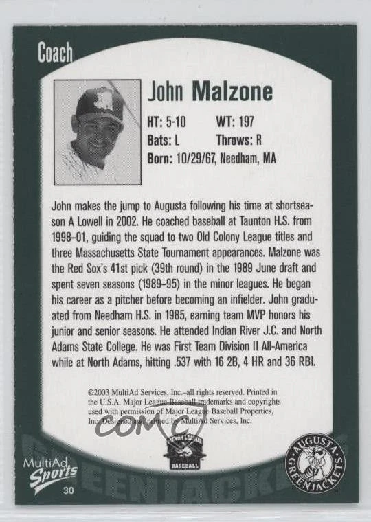 2003 MultiAd Sports Augusta GreenJackets John Malzone #30 - Image 2 of 2
