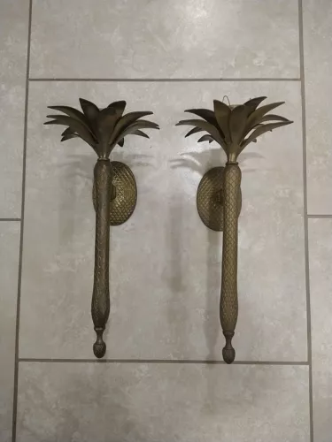 2 Vintage Brass Pineapple Palm Tree Candle Wall Sconces Hollywood Regency