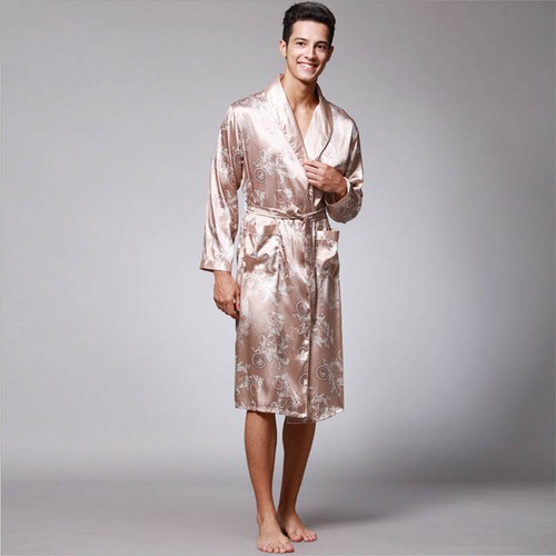 Mens Pajamas Satin Silk Bathrobe Robe Dressing Gown Sleepwear Lounge wear NEW - Picture 7 of 16