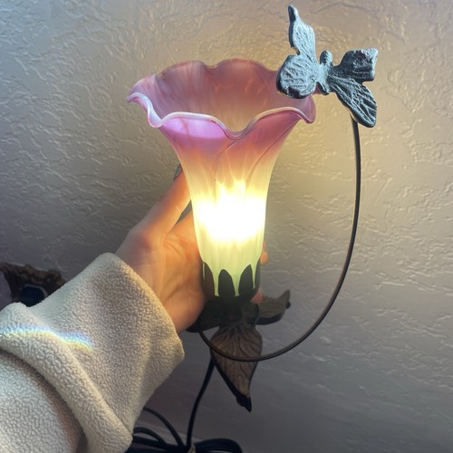 Tiffany Style Glass Green Pink Lily Tulip Flower Butterfly Lamp Nightlight Black - Picture 2 of 12