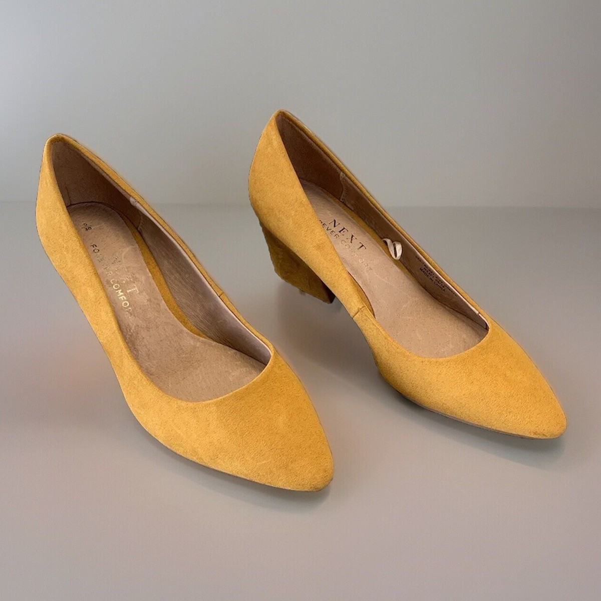 Next Forever Comfort Block Heel Court Shoes Suede Mustard Yellow