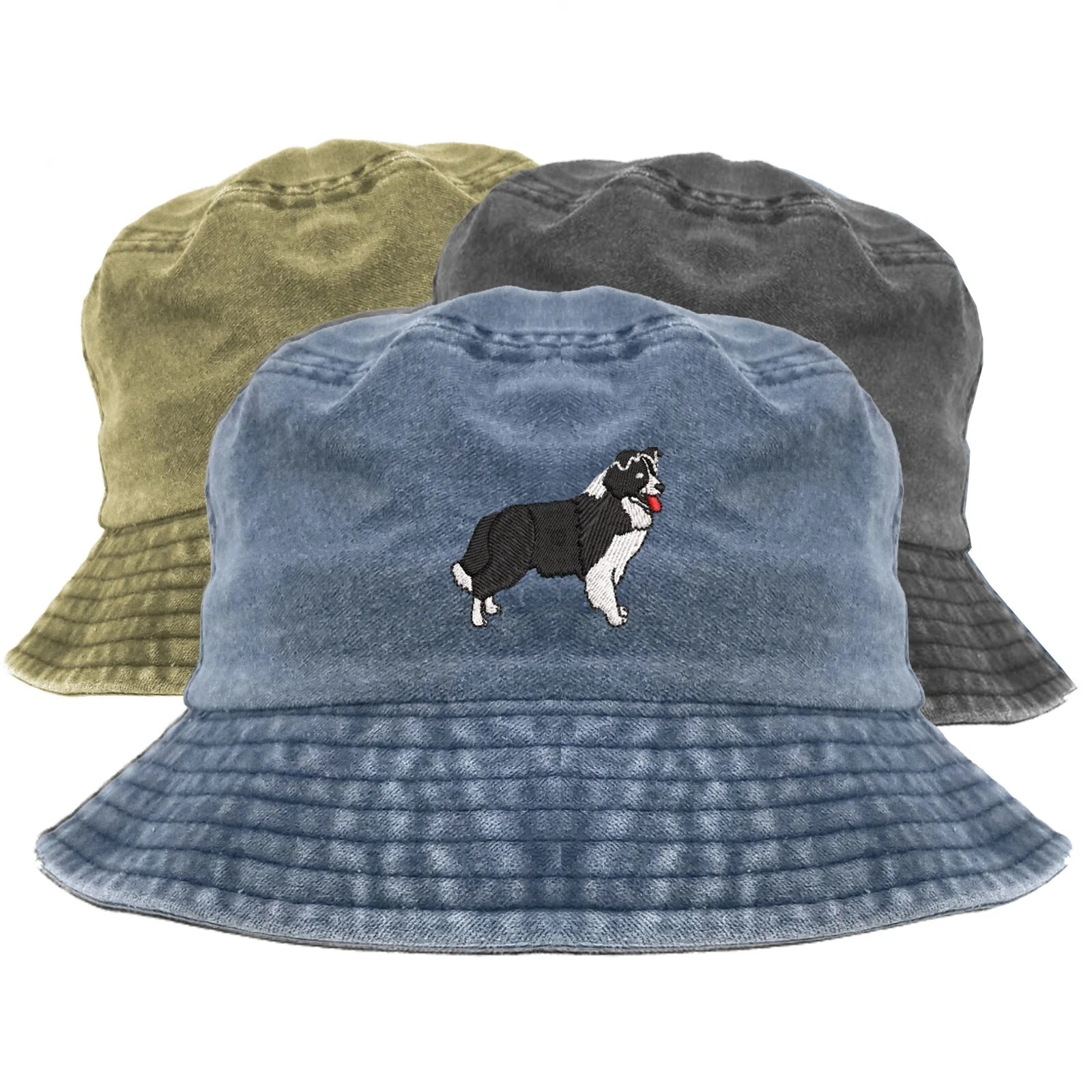 Border Collie dog embroidered bucket hat, pigment dyed bucket hat
