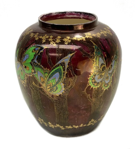Devon Sylvan Lustrine Fieldings Porcelain Vase, circa 1930. Butterflies - Picture 3 of 6