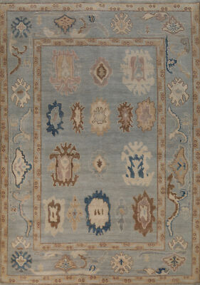 Vegetable Dye Light Blue Wool Oushak Turkish Area Rug Handmade Room Size Rug 5x8