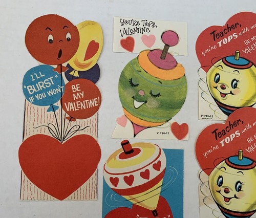 Valentines Day Card Anthropomorphic Lot 7 VTG Die Cut Spinning Tops Balloons - Picture 3 of 6