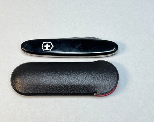Vintage Schweizer Victorinox Taschenmesser Klappmesser 2 Klingen schwarz Werbung mit Etui