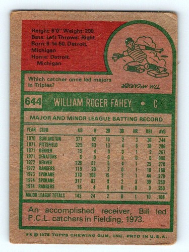 1975 Topps Mini #644 Bill Fahey - Picture 2 of 2