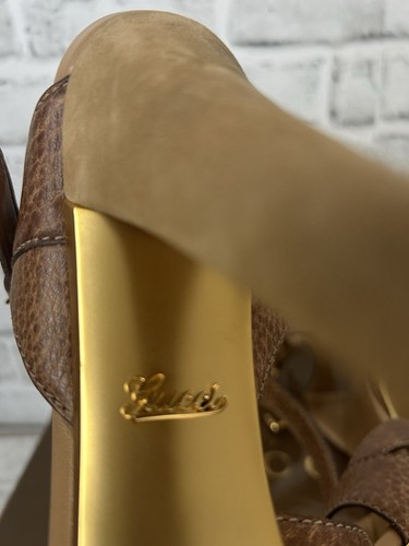 Gucci Lifford sandali donna taglia 9 cinturino a T pelle tacco vintage marrone oro - Foto 14 di 23