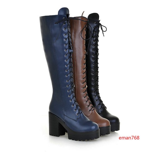 Women Knee High Combat Boots Lace Up Block Mid Chunky Heel Platform Knight Shoes