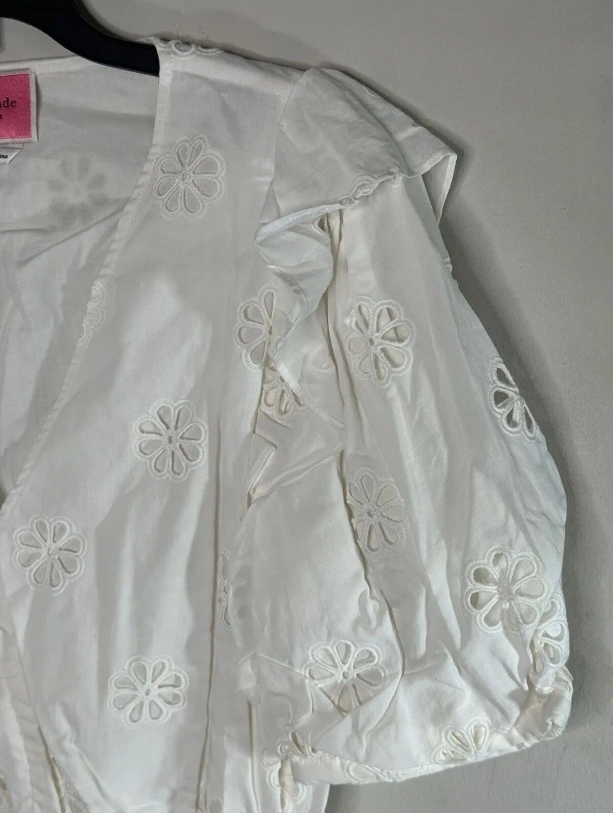 Abito donna nuovo con etichette Kate Spade New York bianco fresco 8 quadrifoglio increspato occhiello cintura