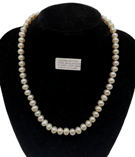 7.5-8MM WH PEARL NECKLACE W/SS HEART, CIRCLE & FLOWER SIGNED CLSP-Kbc-Affordable - Picture 2 of 9
