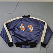 Urban Outfitter Renewal Koi Fish Jacket Womens M Long Sleeve Satin Bomber Blue