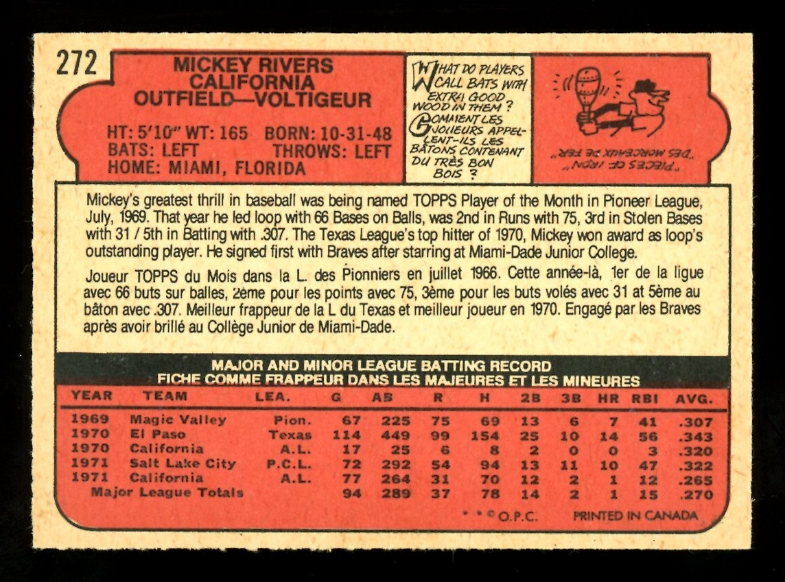 Mickey Rivers Rookie Card 1972 TOPPS OPC O PEE CHEE BASEBALL #272 Mickey Rivers Rookie NM Angels ...