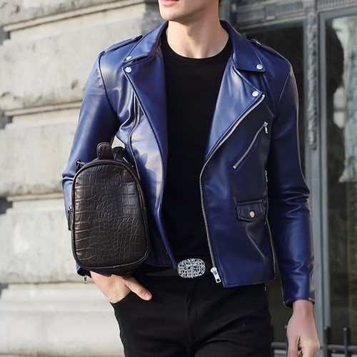 Premium weiches Lammleder blau Lederjacke für Herren weiches Leder Bikerjacke Männer - Bild 2 von 5