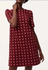 LOFT Red Black White Floral Jacquard Cotton Scroll Short Sleeve Shift Dress - S