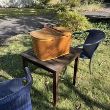 VTG 60s Redmon picnic basket brown wood wicker Yellow trim folding handles