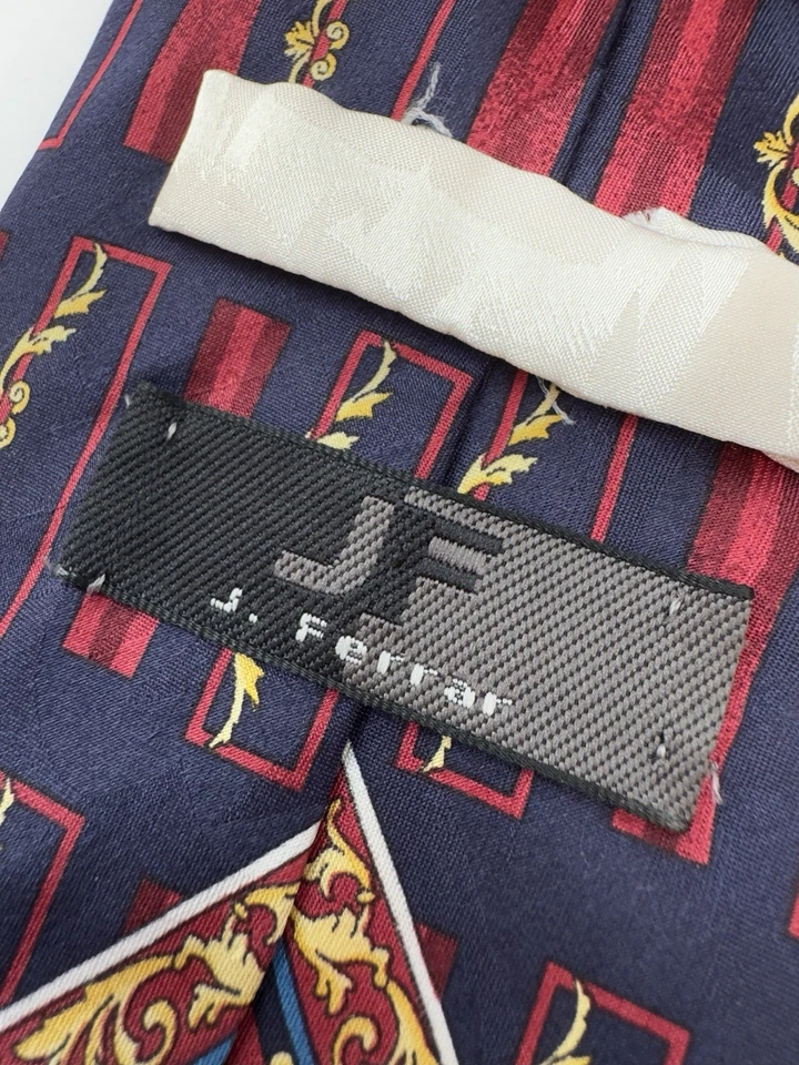 J. Ferrar Silk Tie Red Blue Gold Abstract Gold Leaf Necktie 46 x 4 Italian Made - Image 4 of 4