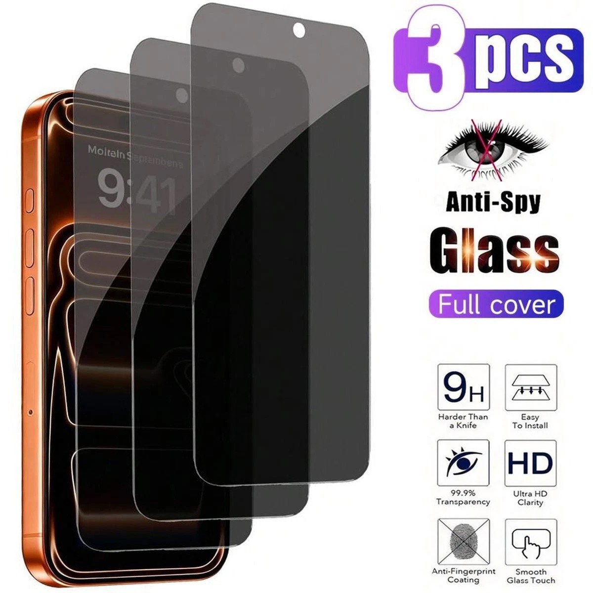 3× For iPhone 18 17 16e 15 14 13 Pro Max Privacy Tempered Glass Screen Protector