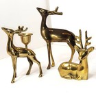 Trio of Young Brass Bucks Standing Resting & a Candle Holder Deer Family