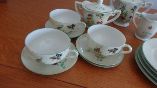 antique childs teapot set made in japan porcelain butterflies flowers plates - Picture 3 of 10
