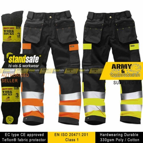 Hi Visibilidad Hombre Pantalones de Trabajo Tuff Multibolsillos Triple Cosido