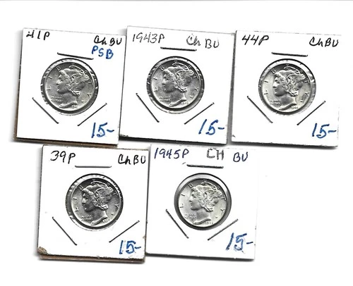 LOT OF FIVE DIFFERENT MERCURY DIMES  BU -CH BU  FLASHY WHITE COINS