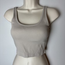 Pro-Fit Seamless Beige Ribbed Athletic Crop Top with Built In Bra Size M