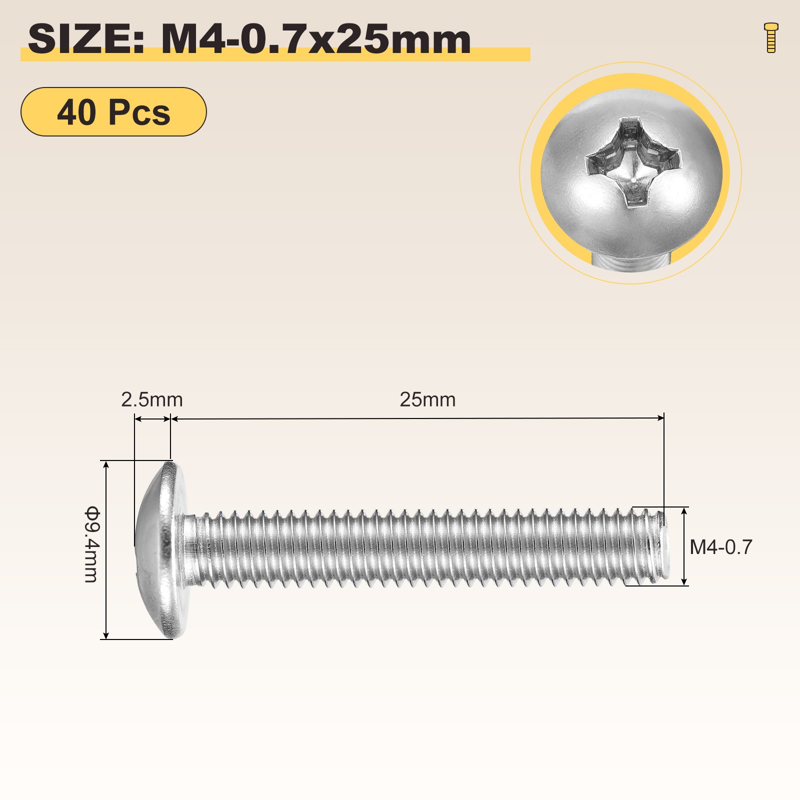 Machine Screws Phillips Head(M4-0.7x25) 40Pcs, Silver