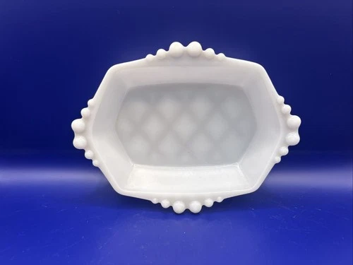 Vtg Anchor Hocking Hobnail Bead Milk Glass Bon Bon Trinket Hexagon Candy Dish