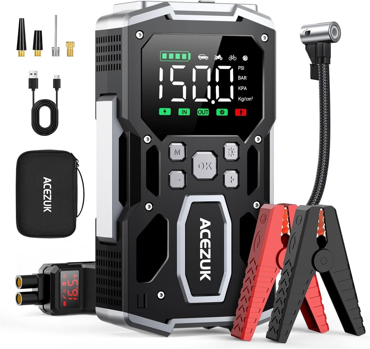 Portable Car Jump Starter with Air Compressor, ACEZUK 150PSI 8000A