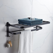 Double Tier Towel Rail Holder Wall Mounted Bathroom Rack Shelf With Hook Folding