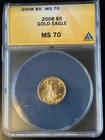 2008 $5 1/10 Oz Gold American EAGLE  Uncirculated Coin ANACS MS70 GEM