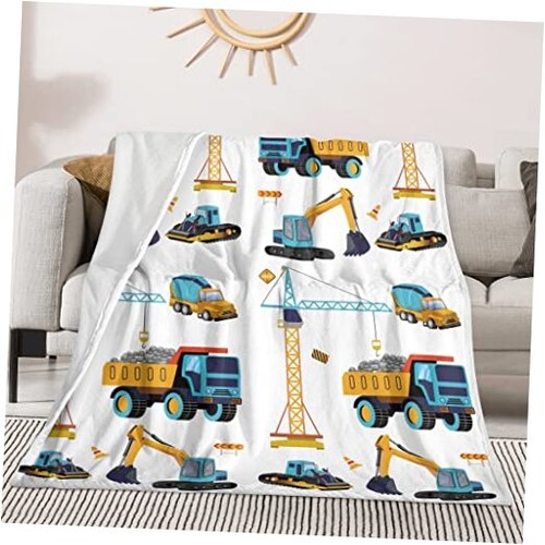 Construction Truck Throw Size 50" x 60" (130 x 150 cm) White/Yellow Tractor