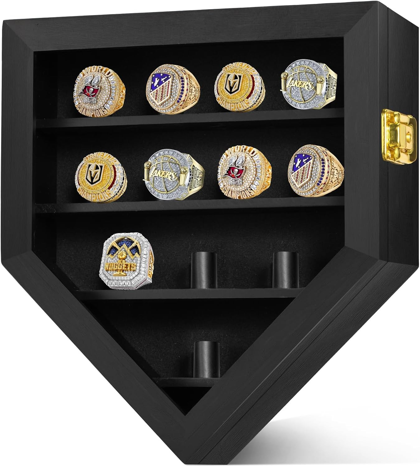 Championship Ring Display Case 12 Ring Posts, Sports Ring Wooden Shadow Box with