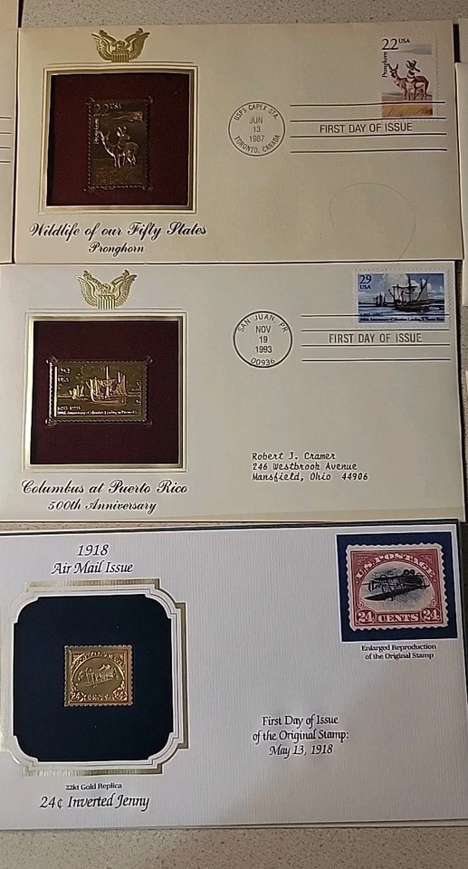 12 réplicas douradas. Selos dos EUA 22kt placa de ouro edição de primeiro dia.  - Imagem 3 de 4